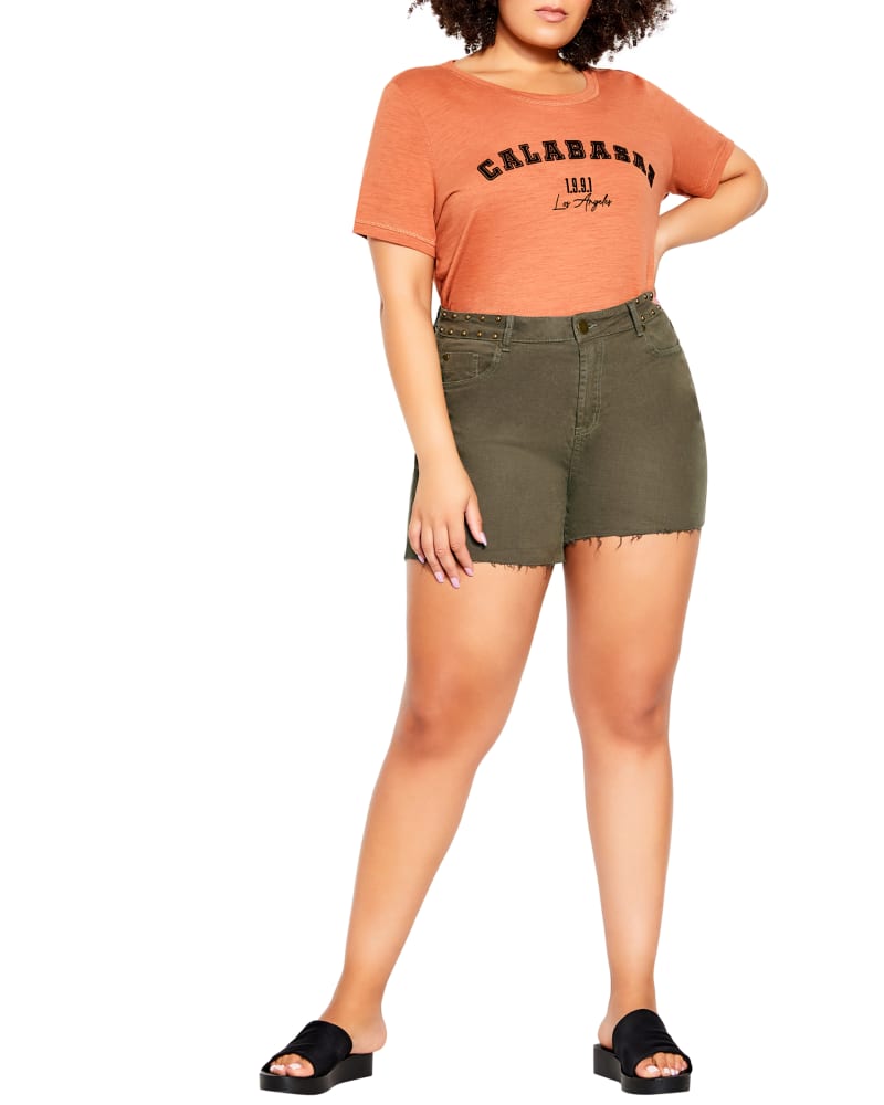 Front of a model wearing a size 12 SHORT COASTAL WALK in Khaki Wash by City Chic. | dia_product_style_image_id:287988